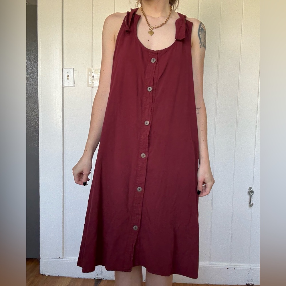 Burgundy overall-style button-up dress